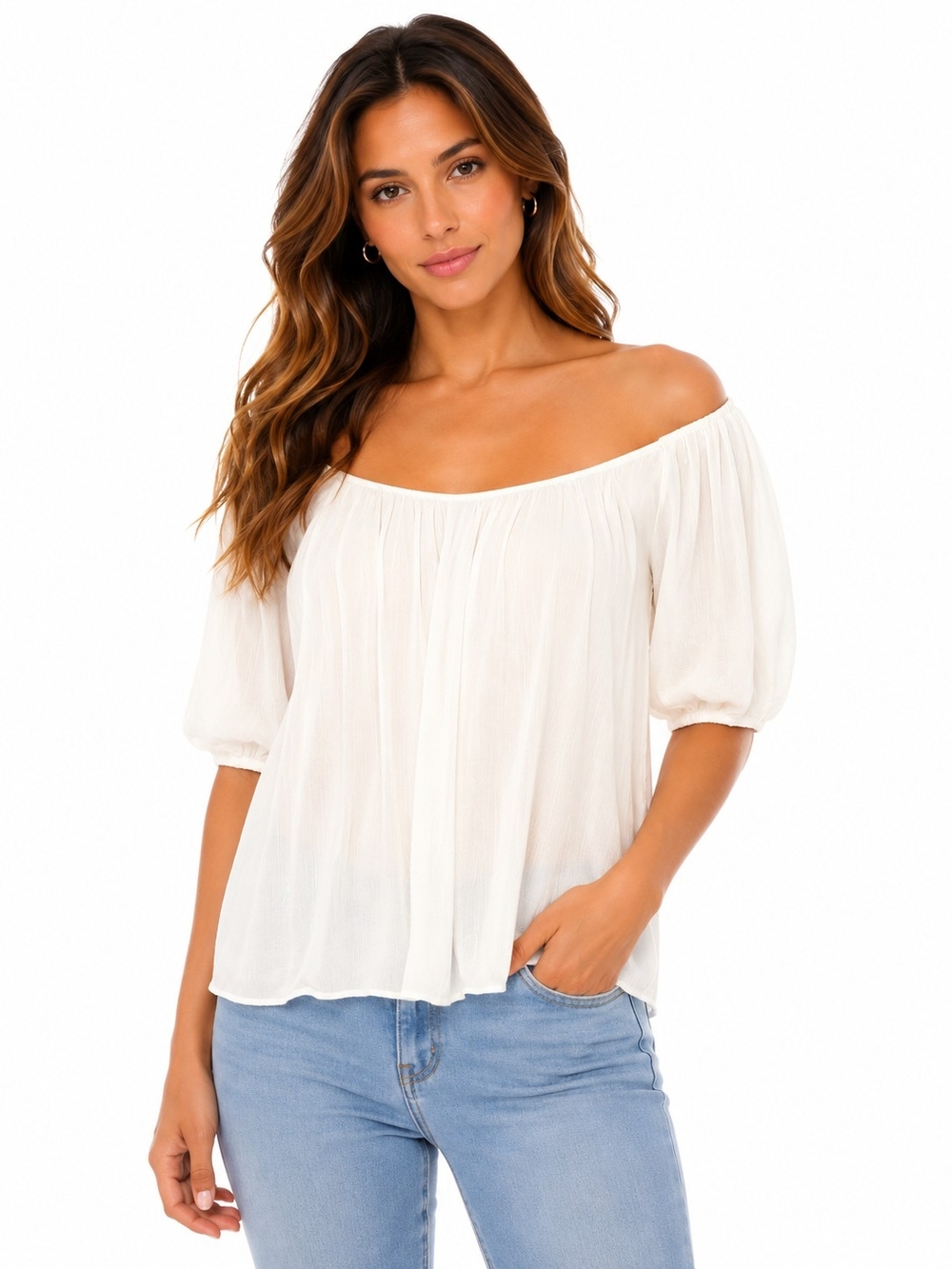 Liverpool Cream Off-Shoulder Peasant Top